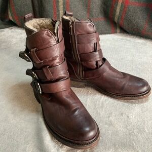 Frye Veronica Combat Shearling Dark Brown Leather Triple Buckle Boot 3475008-DBN